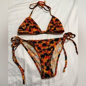 Uniqlo Tropical Palm Tie-Side Bikini - Orange Black Yellow